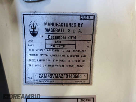 2015 Maserati GranTurismo Sport with VIN ZAM45VMA2F0143684, listed as a Copart auction lot 56464915 with 48,303 mi miles and Salvage title. Bid and sale history available at DreamBid. Image 12.