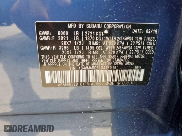 2020 Subaru Ascent Touring with VIN 4S4WMARD5L3416019, listed as a Copart auction lot 57034055 with 53,009 mi miles and Salvage title. Bid and sale history available at DreamBid. Image 13.