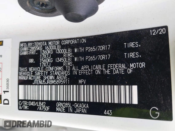 2021 Toyota 4Runner SR5 Premium with VIN JTENU5JR8M5895911, listed as a IAAI auction lot 41052577 with 60,111 mi miles and . Bid and sale history available at DreamBid. Image 9.
