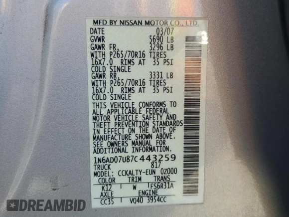 2007 Nissan Frontier SE with VIN 1N6AD07U87C443259, listed as a Copart auction lot 57174005 with 151,480 mi miles and Salvage title. Bid and sale history available at DreamBid. Image 12.