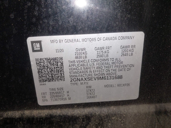 2021 Chevrolet Equinox LS z VIN 2GNAXSEV9M6131688, wystawiony jako IAAI lot #42055803 z przebiegiem 82 617 mil mil oraz . Historia ofert i sprzedaży dostępna na DreamBid. Obrazek 9.