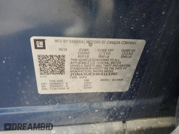 2019 Chevrolet Equinox LT z VIN 2GNAXUEV4K6113365, wystawiony jako Copart lot #57221775 z przebiegiem 136 458 mil mil oraz Szkoda całkowita • Salvage title. Historia ofert i sprzedaży dostępna na DreamBid. Obrazek 13.