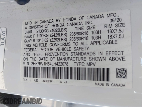 2020 Honda CR-V EX with VIN 2HKRW1H54LH422078, listed as a IAAI auction lot 41865889 with 34,513 mi miles and . Bid and sale history available at carsss.com. Image 9.