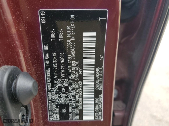 2019 Toyota Highlander SE with VIN 5TDKZRFH4KS348934, listed as a Copart auction lot 53973054 with 46,556 mi miles and Salvage Title. Bid and sale history available at carsss.com. Image 15.
