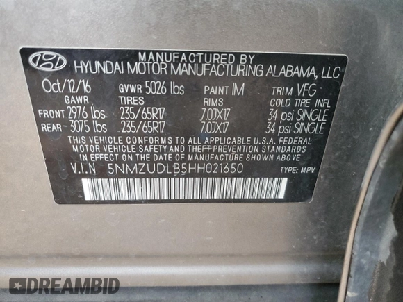 2017 Hyundai Santa Fe 2.4L with VIN 5NMZUDLB5HH021650, listed as a Copart auction lot 49722425 with 99,982 mi miles and Salvage title. Bid and sale history available at DreamBid. Image 13.
