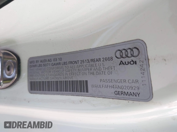 2010 Audi A5 Premium Plus with VIN WAULFAFH4AN020929, listed as a IAAI auction lot 41280631 with 90,882 mi miles. Bid and sale history available at carsss.com. Image 9.
