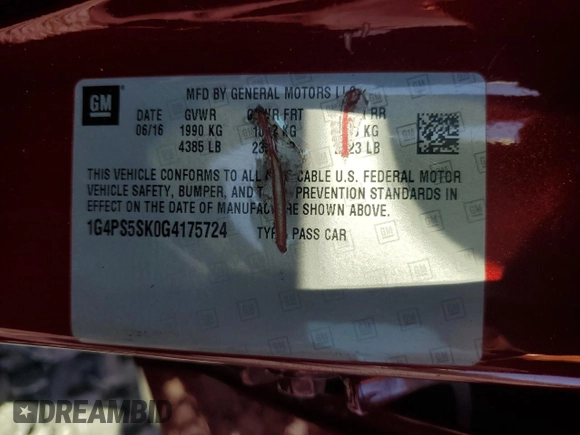 2016 Buick Verano Group с VIN 1G4PS5SK0G4175724, выставлен на аукционе Copart как лот 65691525 с пробегом Не указан миль и Списание • Salvage title. История ставок и продаж доступна на DreamBid. Изображение 12.