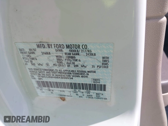 2008 Ford Escape Hybrid with VIN 1FMCU59H98KB58534, listed as a IAAI auction lot 42630792 with 126,993 mi miles and . Bid and sale history available at DreamBid. Image 9.