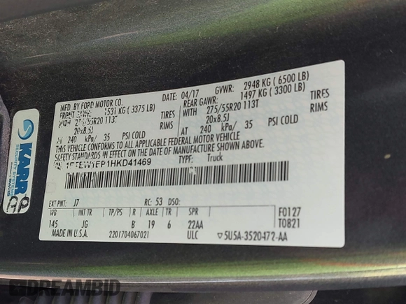 2017 Ford F-150 XL с VIN 1FTEW1EP1HKD41469, выставлен на аукционе IAAI как лот 41993658 с пробегом 138 542 миль миль и . История ставок и продаж доступна на DreamBid. Изображение 9.