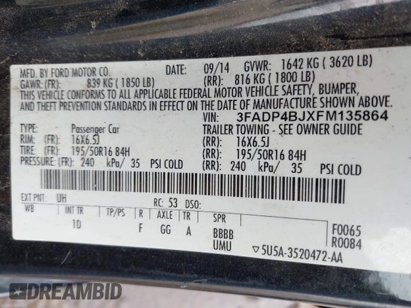 2015 Ford Fiesta SE with VIN 3FADP4BJXFM135864, listed as a IAAI auction lot 39462016 with 113,486 mi miles and . Bid and sale history available at DreamBid. Image 9.