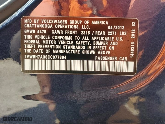 2012 Volkswagen Passat SE with VIN 1VWBH7A38CC077394, listed as a Copart auction lot 51428575 with 147,088 mi miles and Salvage Title. Bid and sale history available at carsss.com. Image 15.