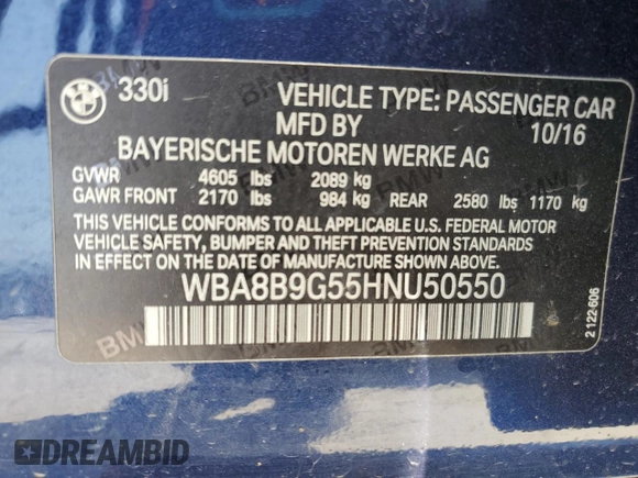 2017 BMW 3 Series 330i with VIN WBA8B9G55HNU50550, listed as a Copart auction lot 52237175 with Not Provided miles and Salvage Title. Bid and sale history available at DreamBid. Image 14.