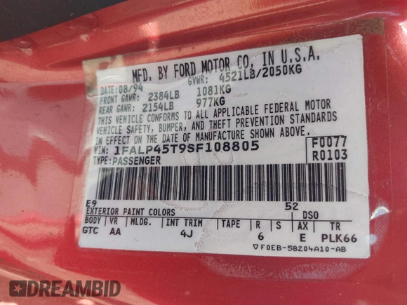 1995 Ford Mustang z VIN 1FALP45T9SF108805, wystawiony jako IAAI lot #41973172 z przebiegiem 81 796 mil mil oraz . Historia ofert i sprzedaży dostępna na DreamBid. Obrazek 9.