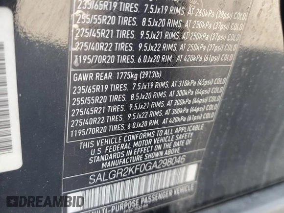 2016 Land Rover Range Rover with VIN SALGR2KF0GA298046, listed as a Copart auction lot 61105655 with 84,545 mi miles and Salvage title. Bid and sale history available at DreamBid. Image 14.