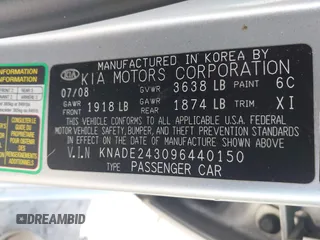 2009 Kia Rio LX with VIN KNADE243096440150, listed as a IAAI auction lot 42152589 with 114,484 mi miles. Bid and sale history available at carsss.com. Image 9.