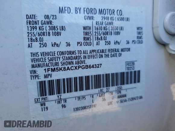 2023 Ford Explorer with VIN 1FM5K8ACXPGB64327, listed as a Copart auction lot 48408655 with 18,664 mi miles and Salvage title. Bid and sale history available at DreamBid. Image 13.