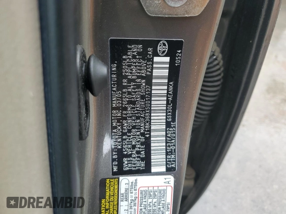 2005 Toyota Avalon XL z VIN 4T1BK36BX5U017137, wystawiony jako Copart lot #57623495 z przebiegiem 130 875 mil mil oraz Szkoda całkowita • Salvage title. Historia ofert i sprzedaży dostępna na DreamBid. Obrazek 12.