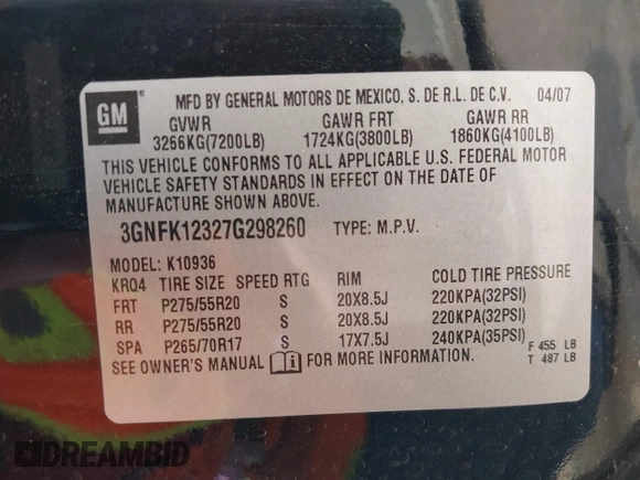 2007 Chevrolet Avalanche 3LT with VIN 3GNFK12327G298260, listed as a IAAI auction lot 42286344 with 251,923 mi miles and . Bid and sale history available at DreamBid. Image 9.