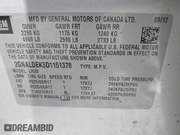 2013 Chevrolet Equinox LT with VIN 2GNALDEK3D1151378, listed as a IAAI auction lot 42169275 with 91,938 mi miles and . Bid and sale history available at carsss.com. Image 9.