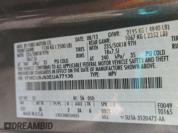 2014 Ford Escape Titanium with VIN 1FMCU9J93EUA77136, listed as a Copart auction lot 52454785 with 154,607 mi miles and Salvage Title. Bid and sale history available at carsss.com. Image 13.