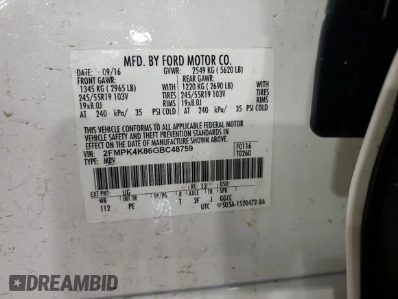 2016 Ford Edge Titanium with VIN 2FMPK4K86GBC48759, listed as a Copart auction lot 88236975 with 152,911 mi miles and Salvage Title. Bid and sale history available at carsss.com. Image 14.