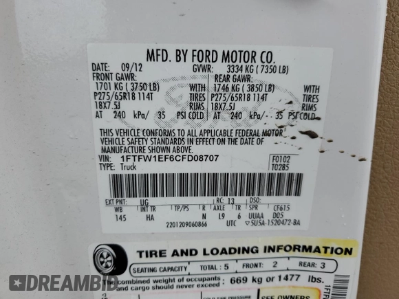 2012 Ford F-150 XL с VIN 1FTFW1EF6CFD08707, выставлен на аукционе Copart как лот 58313045 с пробегом 191 142 миль миль и Списание • Salvage title. История ставок и продаж доступна на DreamBid. Изображение 12.