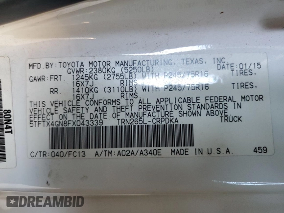 2015 Toyota Tacoma PreRunner with VIN 5TFTX4GN8FX043339, listed as a Copart auction lot 83381634 with Not provided miles and Salvage title. Bid and sale history available at DreamBid. Image 14.