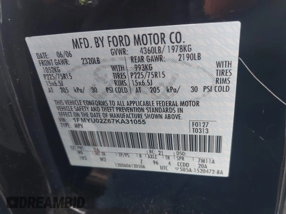 2007 Ford Escape XLS with VIN 1FMYU02Z67KA31055, listed as a IAAI auction lot 42555724 with 248,632 mi miles and . Bid and sale history available at DreamBid. Image 9.