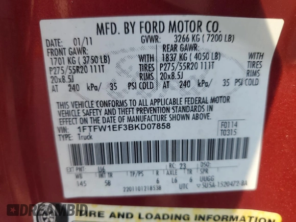 2011 Ford F-150 XL с VIN 1FTFW1EF3BKD07858, выставлен на аукционе Copart как лот 62702495 с пробегом 118 947 миль миль и Списание • Salvage title. История ставок и продаж доступна на DreamBid. Изображение 12.