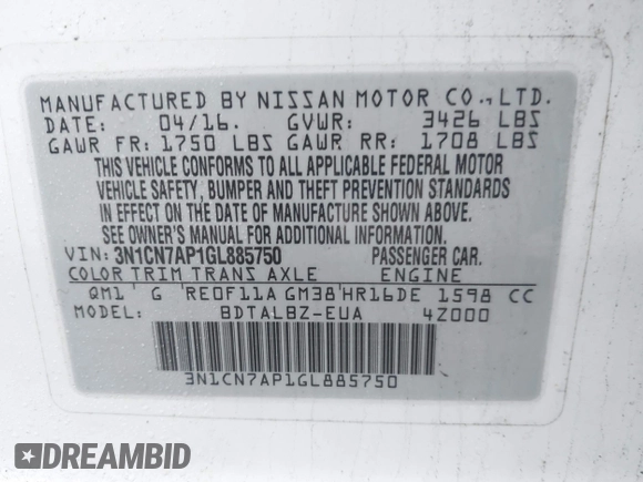 2016 Nissan Versa S with VIN 3N1CN7AP1GL885750, listed as a IAAI auction lot 41980936 with 84,908 mi miles. Bid and sale history available at carsss.com. Image 9.