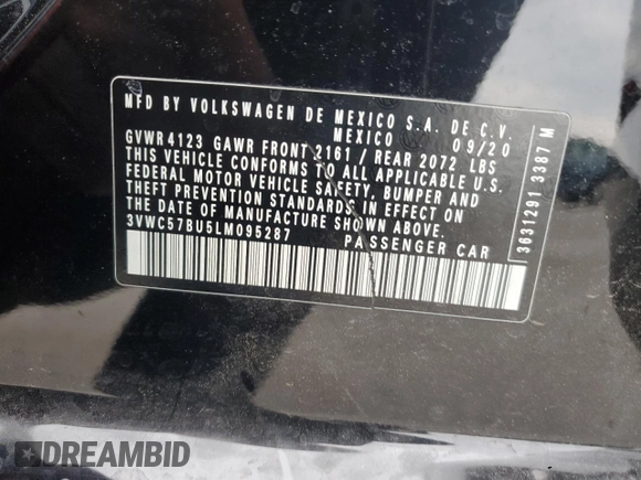 2020 Volkswagen Jetta S с VIN 3VWC57BU5LM095287, выставлен на аукционе Copart как лот 54383405 с пробегом 53 229 миль миль и Списание • Salvage title. История ставок и продаж доступна на DreamBid. Изображение 12.