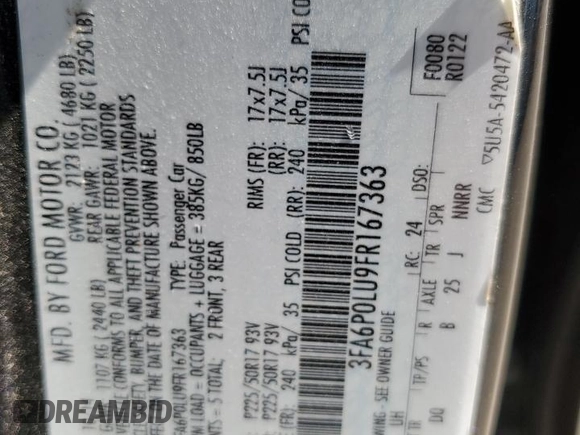 2015 Ford Fusion SE Hybrid with VIN 3FA6P0LU9FR167363, listed as a Copart auction lot 52564355 with 181,650 mi miles and Salvage Title. Bid and sale history available at DreamBid. Image 12.