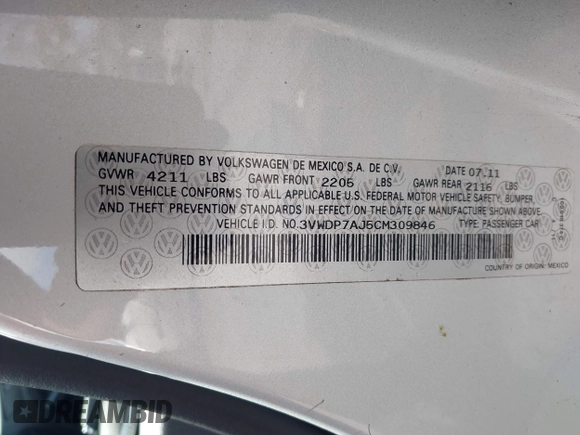 2012 Volkswagen Jetta SE с VIN 3VWDP7AJ5CM309846, выставлен на аукционе IAAI как лот 41795013 с пробегом 104 549 миль миль и . История ставок и продаж доступна на DreamBid. Изображение 9.