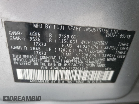 2015 Subaru Outback Premium with VIN 4S4BSAFC4F3303943, listed as a Copart auction lot 62279865 with 128,194 mi miles and Salvage title. Bid and sale history available at DreamBid. Image 13.