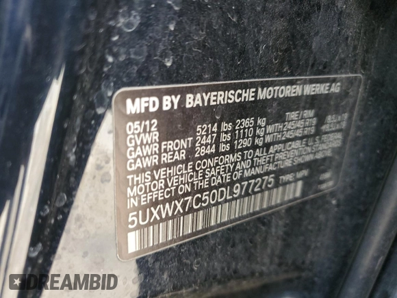 2013 BMW X3 xDrive35i with VIN 5UXWX7C50DL977275, listed as a Copart auction lot 46266915 with Not Provided miles and Salvage Title. Bid and sale history available at DreamBid. Image 15.