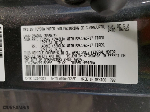 2023 Toyota Tacoma 4WD SR with VIN 3TYCZ5AN2PT156093, listed as a Copart auction lot 45577245 with 33,687 mi miles and Salvage Title. Bid and sale history available at carsss.com. Image 15.