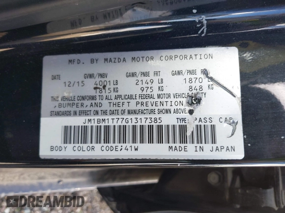 2016 Mazda 3 i Sport with VIN JM1BM1T77G1317385, listed as a IAAI auction lot 38893587 with 115,103 mi miles and . Bid and sale history available at DreamBid. Image 9.
