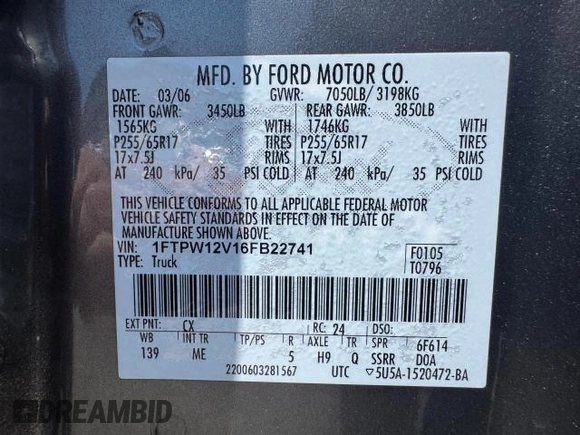 2006 Ford F-150 XLT с VIN 1FTPW12V16FB22741, выставлен на аукционе Copart как лот 65656865 с пробегом 143 386 миль миль и На запчасти • Non repairable. История ставок и продаж доступна на DreamBid. Изображение 15.