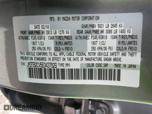 2014 Mazda CX-9 Touring with VIN JM3TB2CV5E0437629, listed as a IAAI auction lot 41849662 with 105,311 mi miles. Bid and sale history available at carsss.com. Image 9.