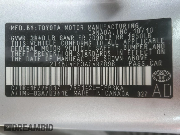 2010 Toyota Corolla with VIN 2T1BU4EE3AC497898, listed as a Copart auction lot 54563445 with 210,385 mi miles and Clean Title. Bid and sale history available at carsss.com. Image 12.