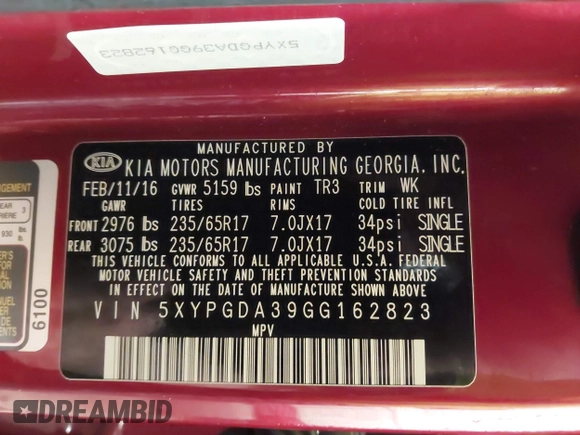 2016 Kia Sorento LX with VIN 5XYPGDA39GG162823, listed as a IAAI auction lot 41744061 with 95,195 mi miles. Bid and sale history available at carsss.com. Image 9.