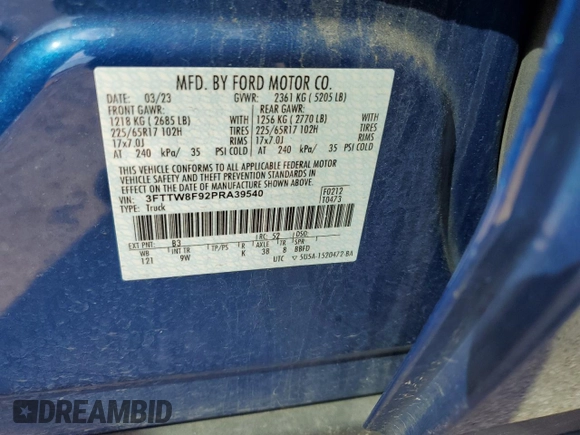 2023 Ford Maverick XL with VIN 3FTTW8F92PRA39540, listed as a Copart auction lot 56031725 with 20,767 mi miles and Salvage title. Bid and sale history available at DreamBid. Image 12.