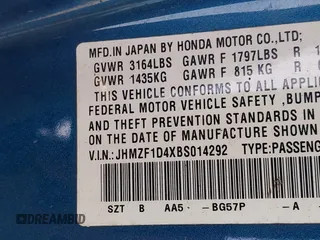 2011 Honda CR-Z with VIN JHMZF1D4XBS014292, listed as a IAAI auction lot 41980890 with 152,250 mi miles. Bid and sale history available at carsss.com. Image 9.