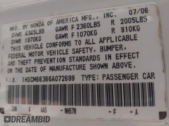 2006 Honda Accord LX with VIN 1HGCM66366A072699, listed as a IAAI auction lot 42196423 with 151,300 mi miles and . Bid and sale history available at DreamBid. Image 9.