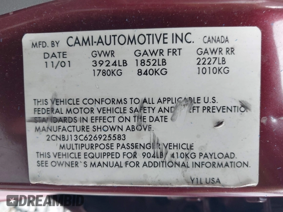 2002 Chevrolet Tracker z VIN 2CNBJ13C626925583, wystawiony jako IAAI lot #41636212 z przebiegiem 181 341 mil mil oraz . Historia ofert i sprzedaży dostępna na DreamBid. Obrazek 9.