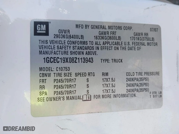 2008 Chevrolet Silverado 1500 Work Truck with VIN 1GCEC19X08Z113943, listed as a IAAI auction lot 41554200 with 93,786 mi miles. Bid and sale history available at carsss.com. Image 9.