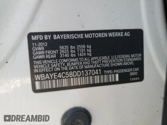 2013 BMW 7 Series 740Li with VIN WBAYE4C58DD137041, listed as a Copart auction lot 42958295 with 209,290 mi miles and Salvage title. Bid and sale history available at DreamBid. Image 12.