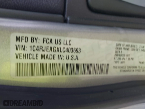 2020 Jeep Grand Cherokee Altitude with VIN 1C4RJEAGXLC403693, listed as a IAAI auction lot 41482425 with 67,161 mi miles and . Bid and sale history available at DreamBid. Image 9.