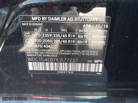 2019 Mercedes-Benz GLA with VIN WDCTG4EB7KJ577237, listed as a IAAI auction lot 41315537 with 45,546 mi miles. Bid and sale history available at carsss.com. Image 9.