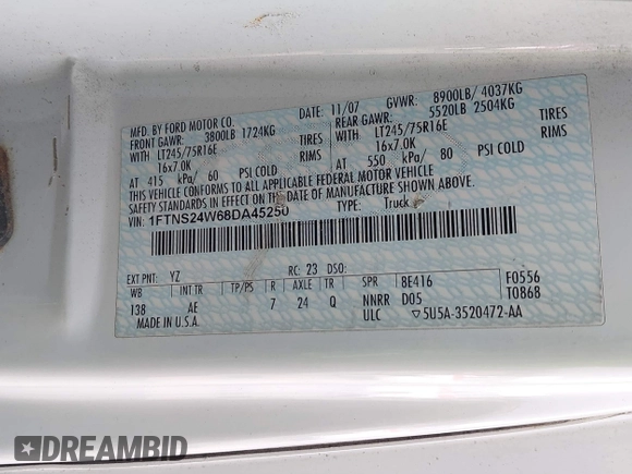 2008 Ford Econoline Cargo Commercial with VIN 1FTNS24W68DA45250, listed as a IAAI auction lot 41710309 with 240,564 mi miles and . Bid and sale history available at DreamBid. Image 9.
